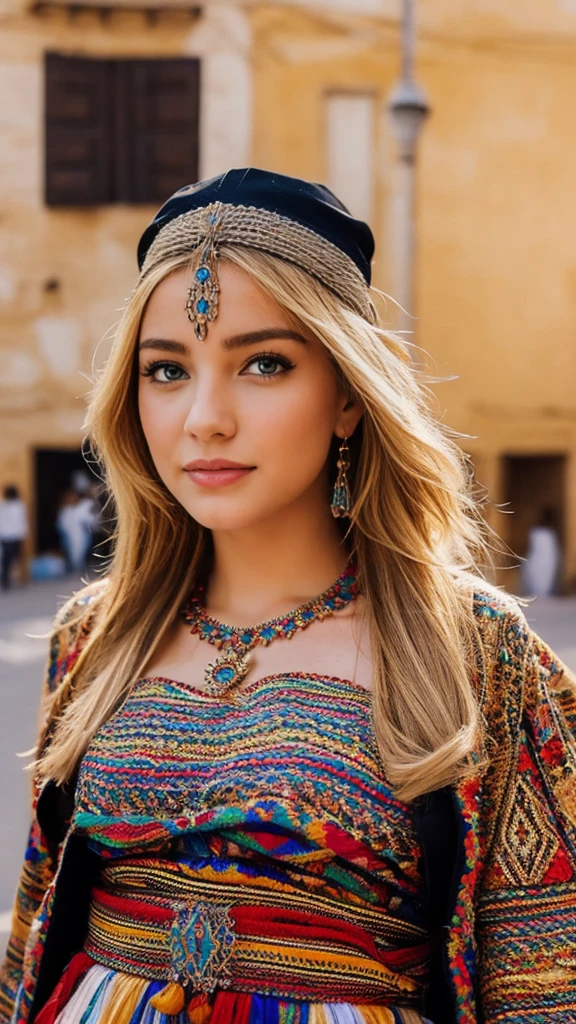Beautiful cute German blonde, perfect face, robe kabyle, bijoux, Berber style, kabyledress, robe, amazigh, street blured background 