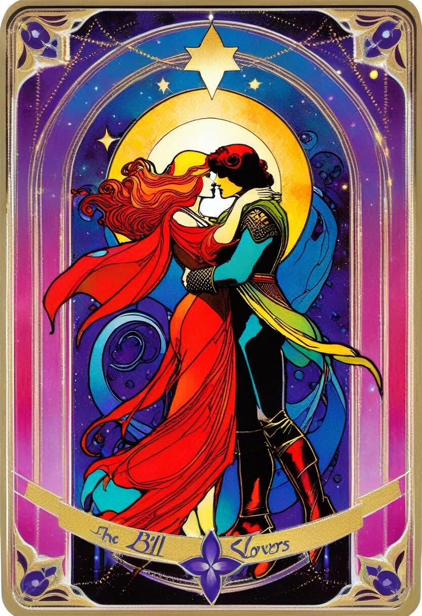 tarot card, a card, card : "THE LOVERS", tarot card frame,vivid colors (art inspired by Bill Sienkiewicz).