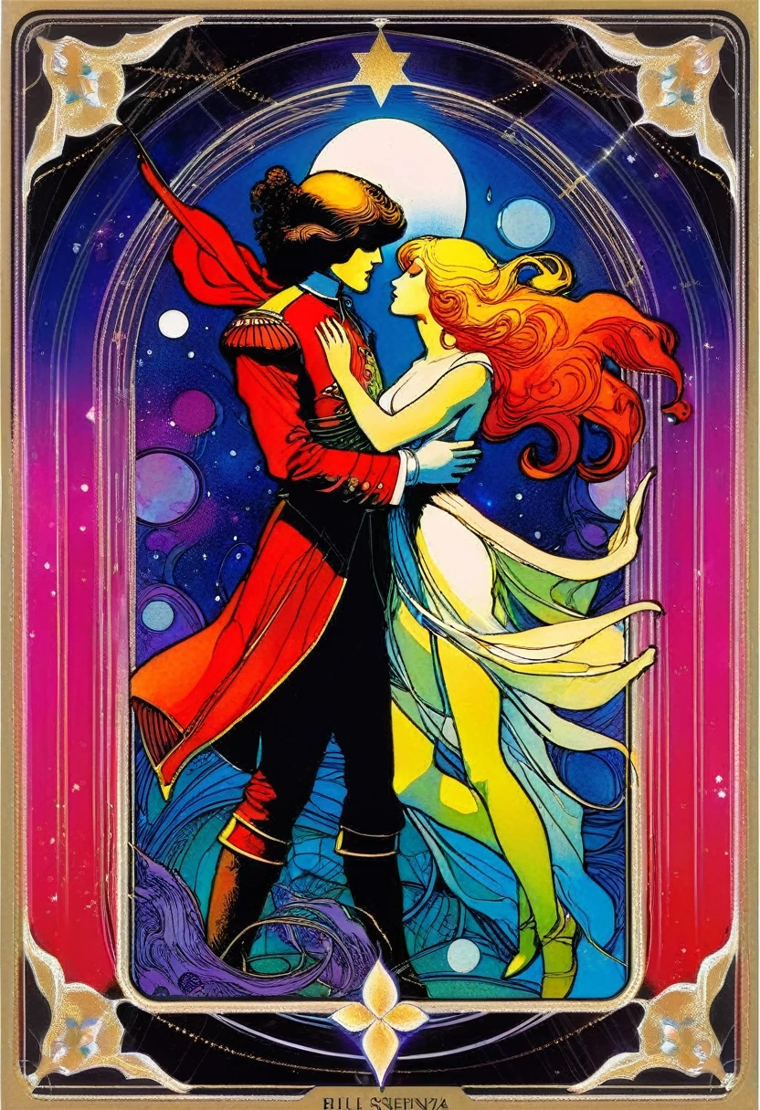 tarot card, a card, card : "THE LOVERS", tarot card frame,vivid colors (art inspired by Bill Sienkiewicz).
