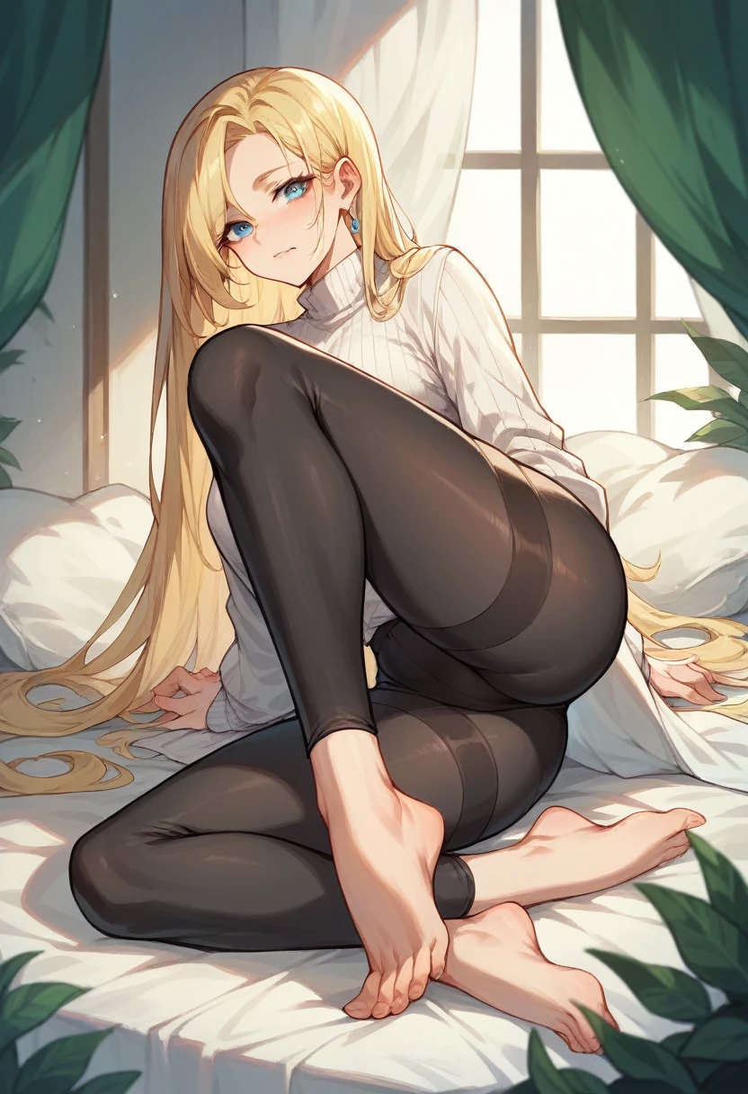 Make a blonde woman with blue eyes very beautiful with black leggings and barefoot