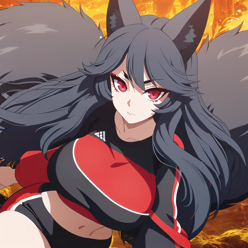 a beautiful detailed black kitsune girl, long black kitsune ears, multiple black kitsune tails, red and black sport top and sport shorts, 8k, anime style, red eyes, big breasts, extremely detailed eyes and face, ultra-detailed, 4k, high quality, vibrant colors, long black hair, mature woman, wide waist