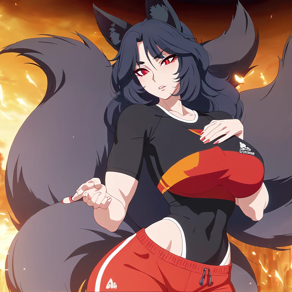 a beautiful detailed black kitsune girl, long black kitsune ears, multiple black kitsune tails, red and black sport top and sport shorts, 8k, anime style, red eyes, , extremely detailed eyes and face, ultra-detailed, 4k, high quality, vibrant colors, long black hair, mature womae waist