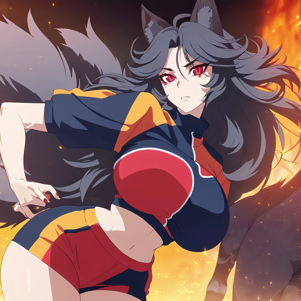 a beautiful detailed black kitsune girl, long black kitsune ears, multiple black kitsune tails, red and black sport top and sport shorts, 8k, anime style, red eyes, big breasts, extremely detailed eyes and face, ultra-detailed, 4k, high quality, vibrant colors, long black hair, mature woman, wide waist