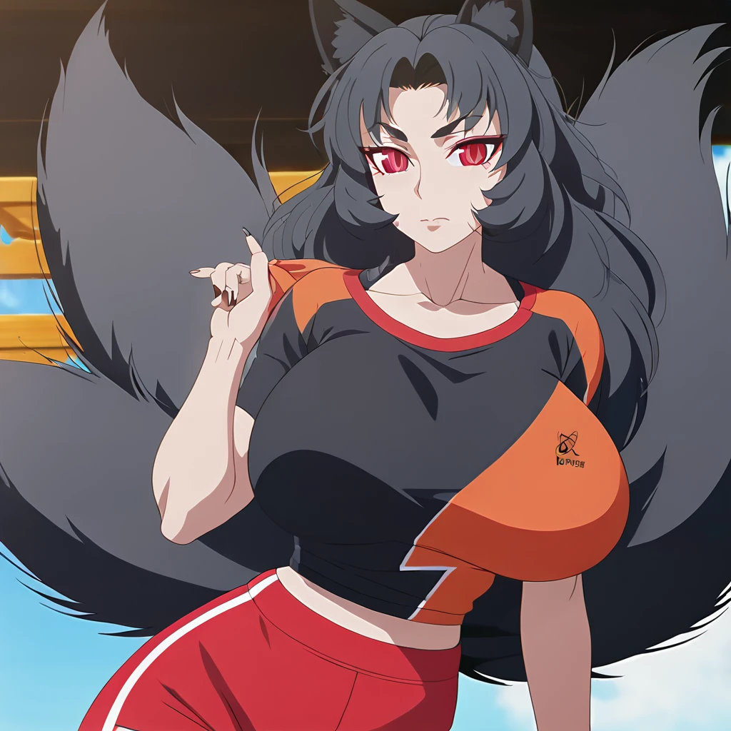 a beautiful detailed black kitsune girl, long black kitsune ears, multiple black kitsune tails, red and black sport top and sport shorts, 8k, anime style, red eyes, big breasts, extremely detailed eyes and face, ultra-detailed, 4k, high quality, vibrant colors, long black hair, mature woman, wide waist