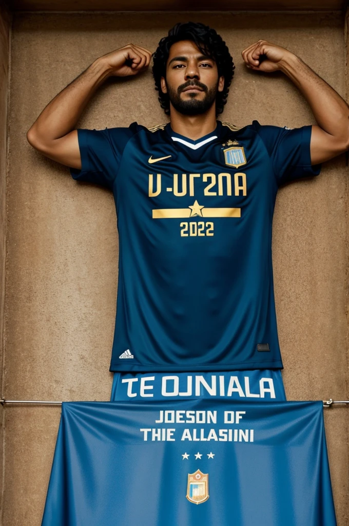 Color: Negra.
Texto en el pectoral derecho: “BRUNO” in an elegant and striking font.
Color del texto: Celeste, specifically the tone of the Argentine flag.
Estrellas: Three gold stars located above the text “BRUNO”, representando los mundiales ganados por Argentina.
Fecha en el hombro: La fecha de la final del mundial 2022, possibly in a smaller and more discreet size. haz una remera asi