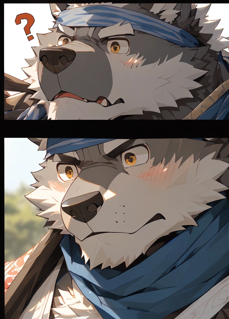 (masterpiece),(Very detailed),(best quality),hairy,Wolf,Dark black fur,white hair,Gray pupil,Muscular,(Japan samurai attire),((blue scarf)),((Brown headband)),(blush:1.1),(A puzzled expression:1.2),((question mark:1.3)),((Ultra HD close-up:1.4)),8K,(high quality),(Ultra high quality),(Super detailed),(Best Works)
