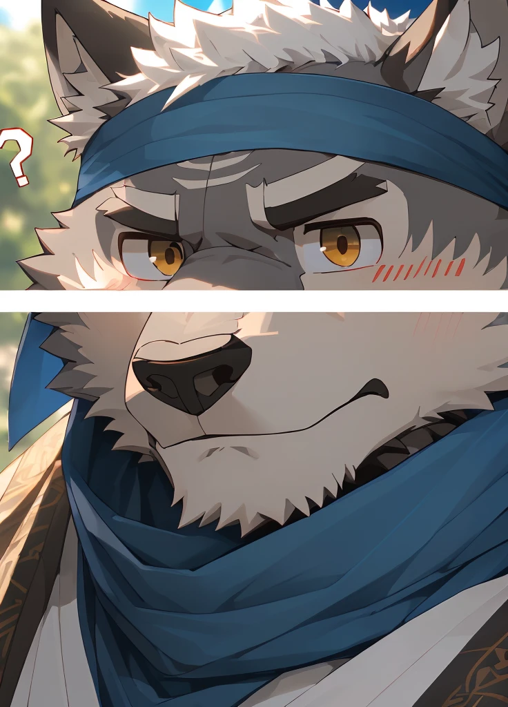 (masterpiece),(Very detailed),(best quality),hairy,Wolf,Dark black fur,white hair,Gray pupil,Muscular,(Japan samurai attire),((blue scarf)),((Brown headband)),(blush:1.1),(A puzzled expression:1.2),((question mark:1.3)),((Ultra HD close-up:1.4)),8K,(high quality),(Ultra high quality),(Super detailed),(Best Works)