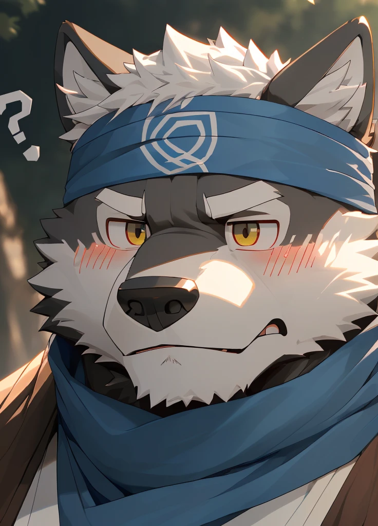 (masterpiece),(Very detailed),(best quality),hairy,Wolf,Dark black fur,white hair,Gray pupil,Muscular,(Japan samurai attire),((blue scarf)),((Brown headband)),(blush:1.1),(A puzzled expression:1.2),((question mark:1.3)),((Ultra HD close-up:1.4)),8K,(high quality),(Ultra high quality),(Super detailed),(Best Works)