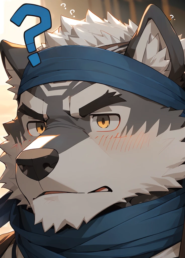 (masterpiece)，(Very detailed)，(best quality)，hairy，Wolf，Dark black fur，white hair，Gray pupil，Muscular，(Japan samurai attire)，((blue scarf))，((Brown headband))，(blush:1.1)，(A puzzled expression:1.2)，((question mark:1.3))，((Ultra HD close-up:1.4))，8K，(high quality)，(Ultra high quality)，(Super detailed)，(Best Works)