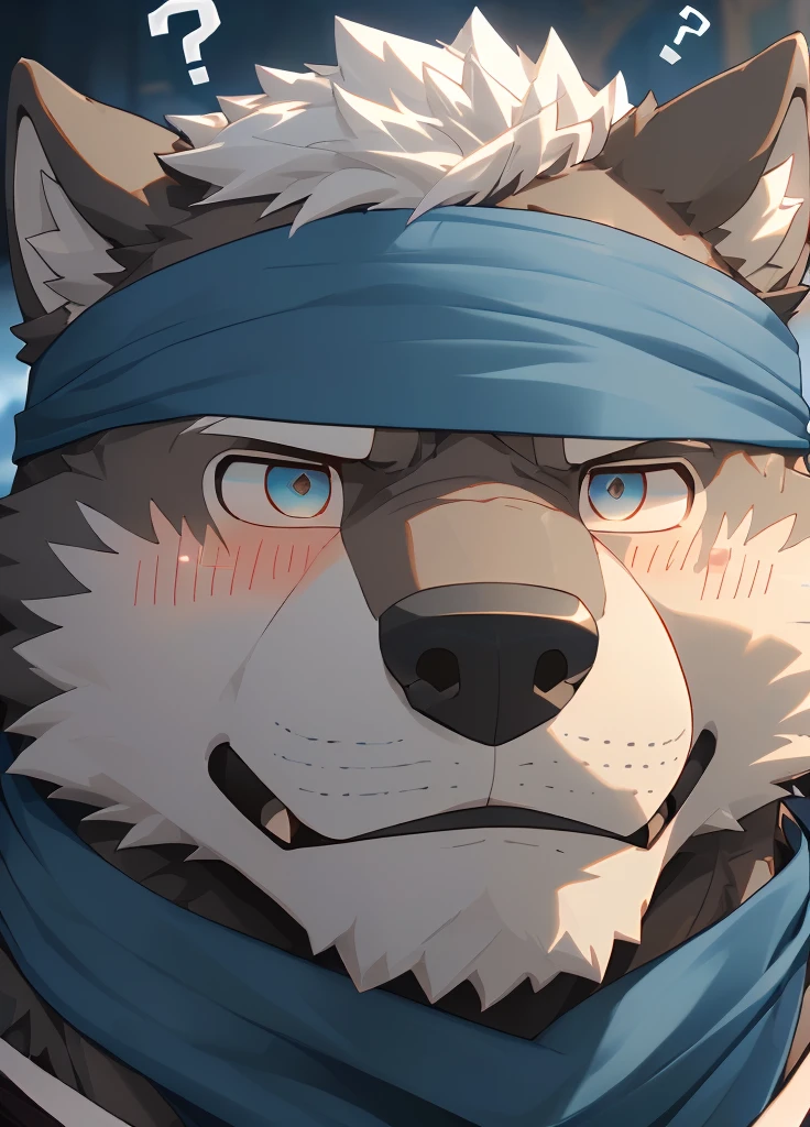 (masterpiece)，(Very detailed)，(best quality)，hairy，Wolf，Dark black fur，white hair，Gray pupil，Muscular，(Japan samurai attire)，((blue scarf))，((Brown headband))，(blush:1.1)，(A puzzled expression:1.2)，((question mark:1.3))，((Ultra HD close-up:1.4))，8K，(high quality)，(Ultra high quality)，(Super detailed)，(Best Works)
