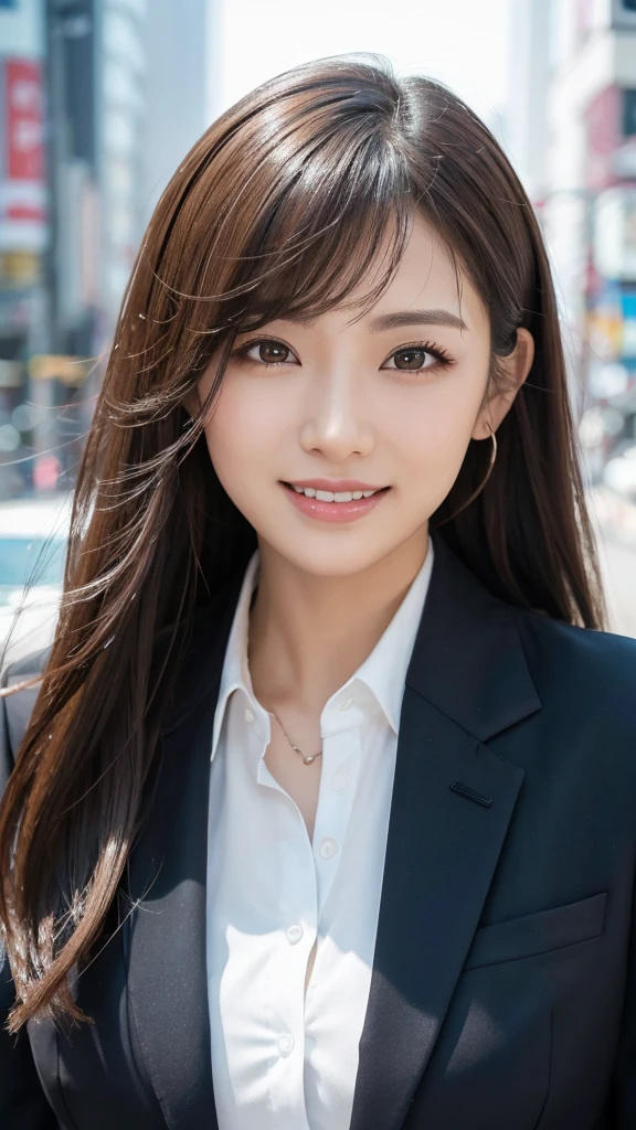 highest quality、genuine、Super detailed、finely、High resolution、8k wallpaper、one beautiful woman、、、light brown disheveled hair、wearing a business suit、sharp focus、perfect dynamic composition、beautiful and detailed eyes、thin hair、Detailed genuine skin texture、smile、model body shape、In Tokyo at morning、Brush your hair up with your fingers.