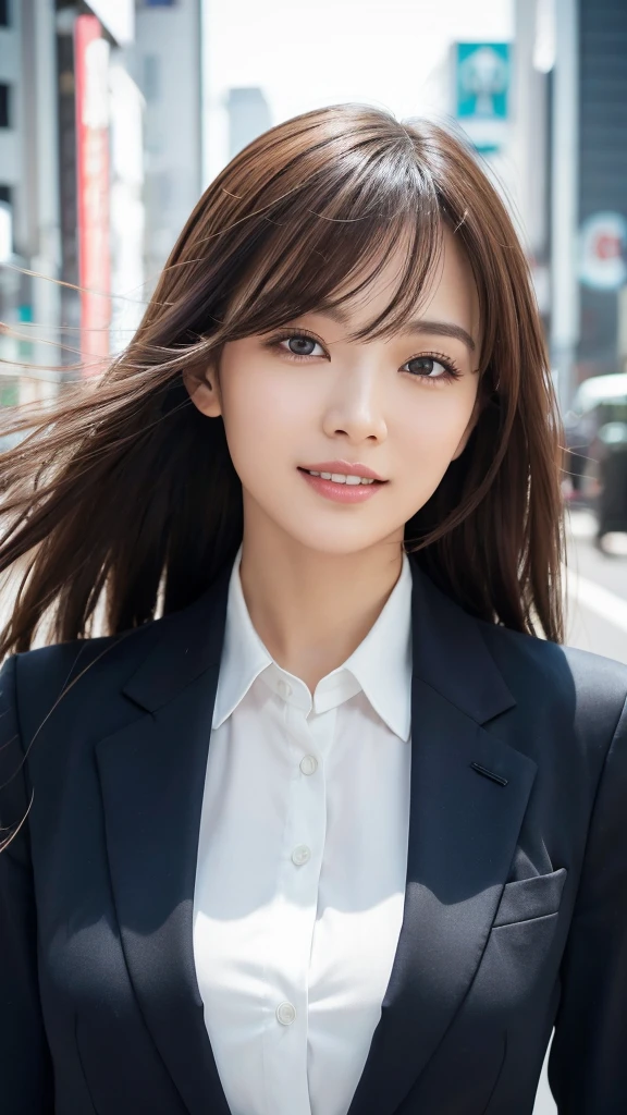 highest quality、genuine、Super detailed、finely、High resolution、8k wallpaper、one beautiful woman、、、light brown disheveled hair、wearing a business suit、sharp focus、perfect dynamic composition、beautiful and detailed eyes、thin hair、Detailed genuine skin texture、smile、model body shape、In Tokyo at morning、Brush your hair up with your fingers.