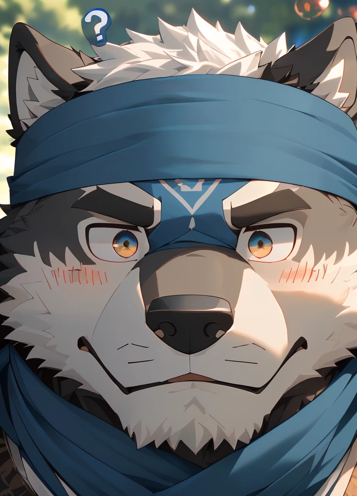 (masterpiece)，(Very detailed)，(best quality)，hairy，Wolf，Dark black fur，white hair，Gray pupil，Muscular，(Japan samurai attire)，((blue scarf))，((Brown headband))，(blush:1.1)，(A puzzled expression:1.2)，((question mark:1.3))，((Ultra HD close-up:1.4))，8K，(high quality)，(Ultra high quality)，(Super detailed)，(Best Works)