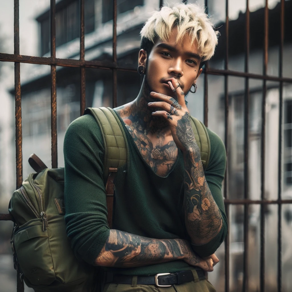 Fullbody shot of a Indonesian man tattoed in arms with black and blonde short hair in green shirt leaning on the fence while smoking, carrying a mini backpack, gaze at the camera, high quality portrait, editorial photography, casual photography, profile picture 1024px, photography alexey gurylev, raphael personnaz, daniel dociu, photo portrait, inspired by Elsa Bleda, mid shot portrait, editorial photograph, jakub rebelka, joel fletcher