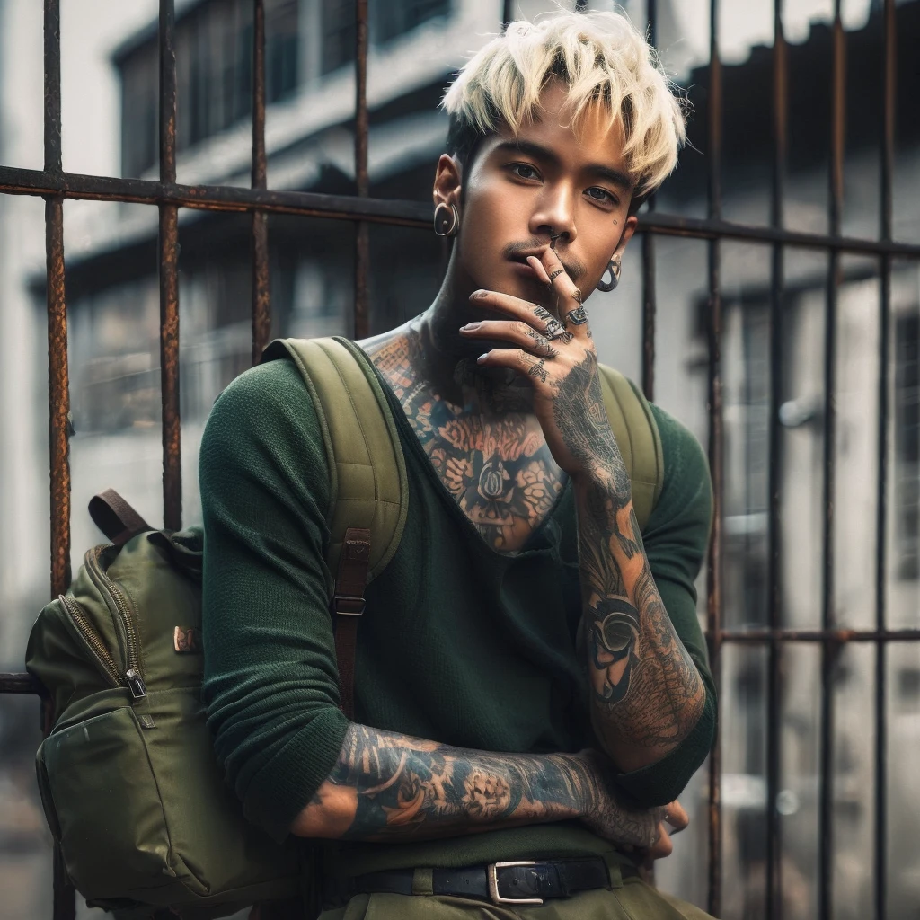 Fullbody shot of a Indonesian man tattoed in arms with black and blonde short hair in green shirt leaning on the fence while smoking, carrying a mini backpack, gaze at the camera, high quality portrait, editorial photography, casual photography, profile picture 1024px, photography alexey gurylev, raphael personnaz, daniel dociu, photo portrait, inspired by Elsa Bleda, mid shot portrait, editorial photograph, jakub rebelka, joel fletcher