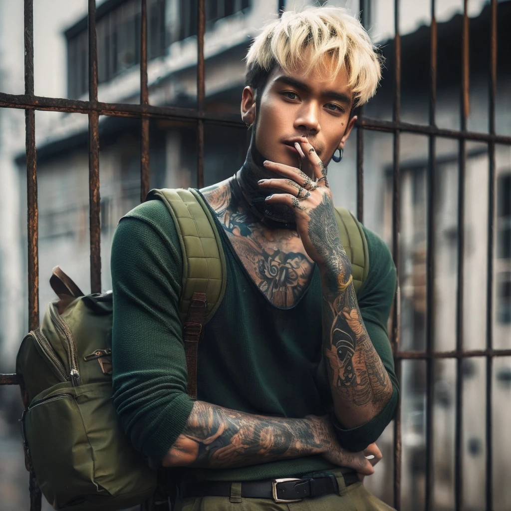 Fullbody shot of a Indonesian man tattoed in arms with black and blonde short hair in green shirt leaning on the fence while smoking, carrying a mini backpack, gaze at the camera, high quality portrait, editorial photography, casual photography, profile picture 1024px, photography alexey gurylev, raphael personnaz, daniel dociu, photo portrait, inspired by Elsa Bleda, mid shot portrait, editorial photograph, jakub rebelka, joel fletcher