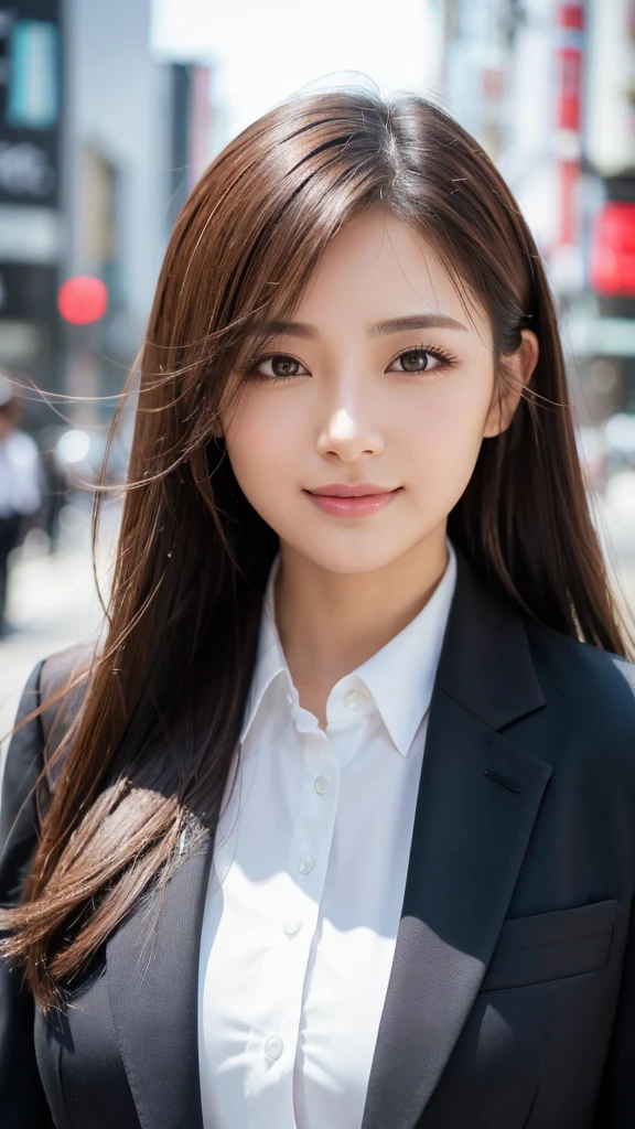highest quality、genuine、Super detailed、finely、High resolution、8k wallpaper、one beautiful woman、、、light brown disheveled hair、wearing a business suit、sharp focus、perfect dynamic composition、beautiful and detailed eyes、thin hair、Detailed genuine skin texture、smile、model body shape、In Tokyo at morning、Brush your hair up with your fingers.