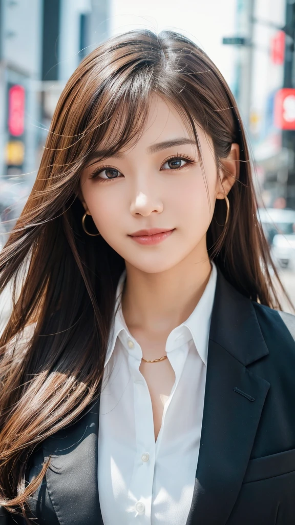 highest quality、genuine、Super detailed、finely、High resolution、8k wallpaper、one beautiful woman、、、light brown disheveled hair、wearing a business suit、sharp focus、perfect dynamic composition、beautiful and detailed eyes、thin hair、Detailed genuine skin texture、smile、model body shape、In Tokyo at morning、Brush your hair up with your fingers.