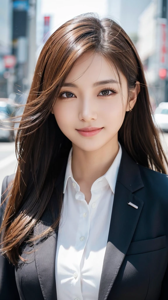 highest quality、genuine、Super detailed、finely、High resolution、8k wallpaper、one beautiful woman、、、light brown disheveled hair、wearing a business suit、sharp focus、perfect dynamic composition、beautiful and detailed eyes、thin hair、Detailed genuine skin texture、smile、model body shape、In Tokyo at morning、Brush your hair up with your fingers.