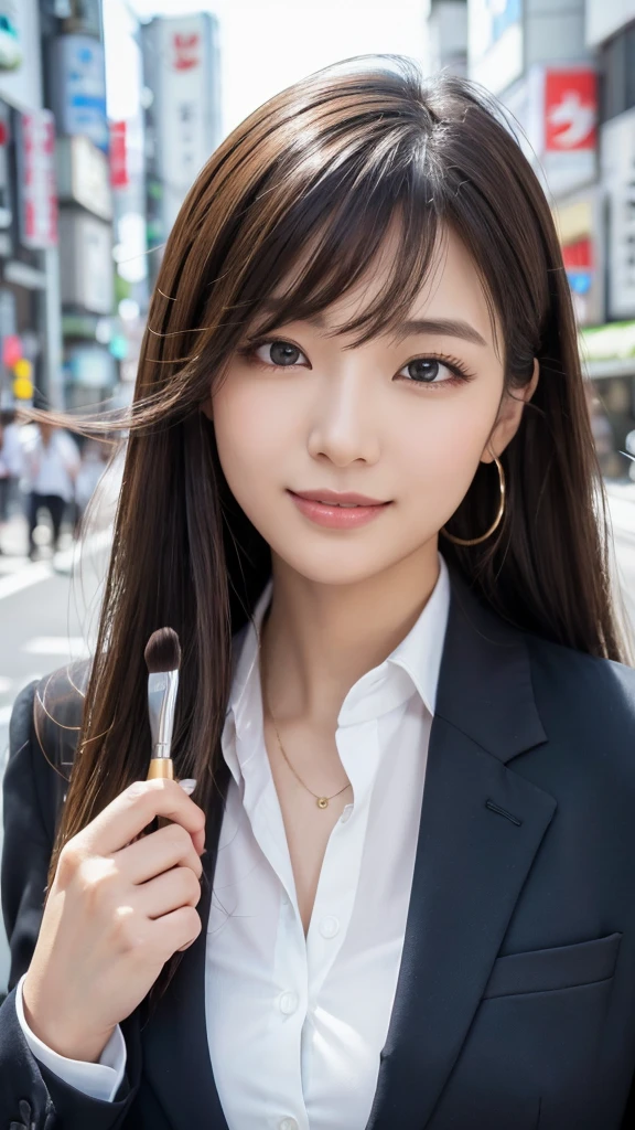 highest quality、genuine、Super detailed、finely、High resolution、8k wallpaper、one beautiful woman、、、light brown disheveled hair、wearing a business suit、sharp focus、perfect dynamic composition、beautiful and detailed eyes、thin hair、Detailed genuine skin texture、smile、model body shape、In Tokyo at morning、Brush your hair up with your fingers.