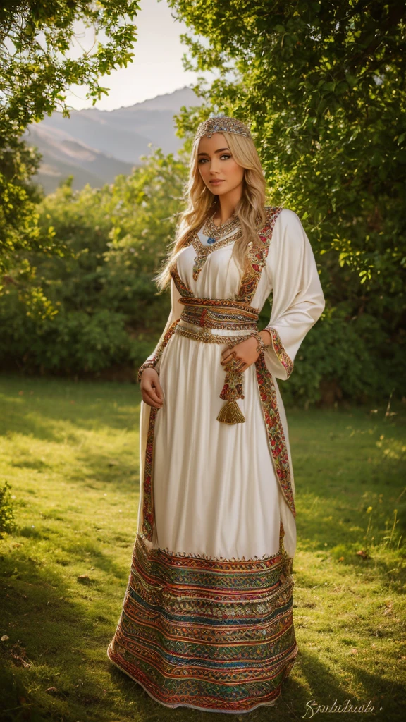 Most beautiful german blonde lady, wearing kabyle robe, kabyledress, amazigh, berber, kabyleoitfits, bijoux, nature background, realistic,4k, professional, ouadhias, robekabyle