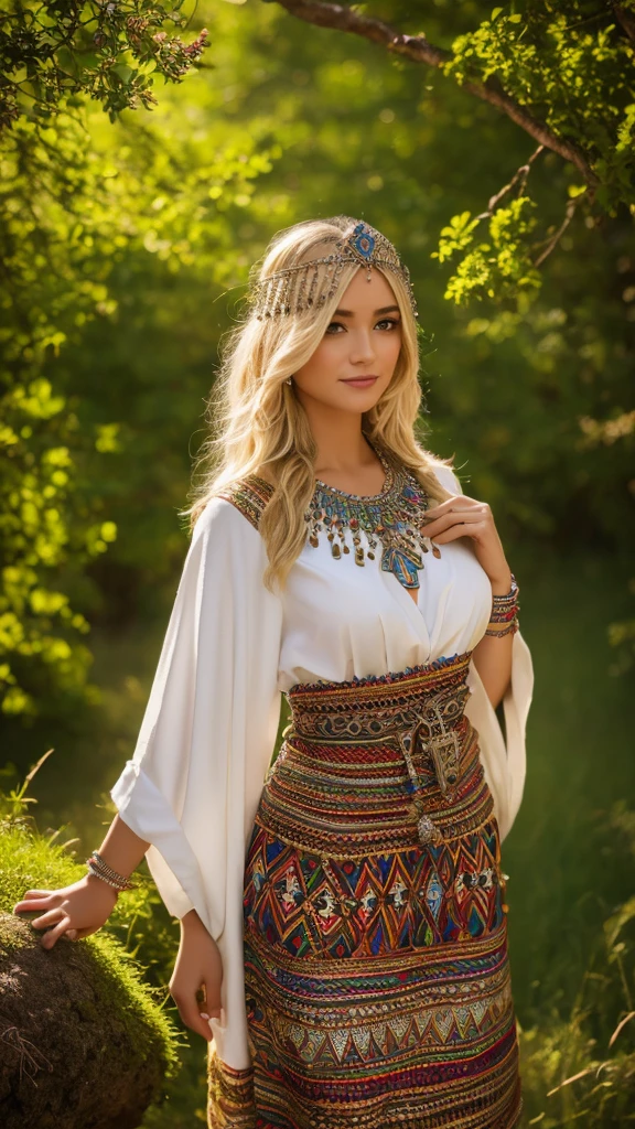 Most beautiful german blonde lady, wearing kabyle robe, kabyledress, amazigh, berber, kabyleoitfits, bijoux, nature background, realistic,4k, professional, ouadhias, robekabyle
