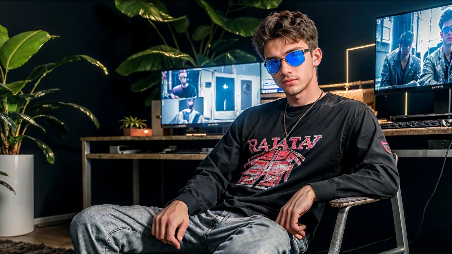 (8k, RAW photo, best quality, masterpiece:1.2), (realistic, photo-realistic:1.2), ultra-detailed,wide portrait shot 16 years old boy clear detail cute inocent casual cloth , waring black transparents goggles, perfect face, sitting on chair , neon background studiowith frames and plant decorations, full body, computer setup in table