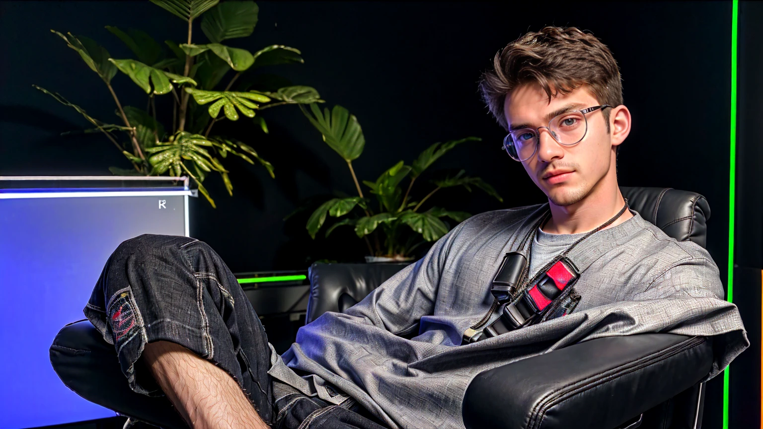 (8k, RAW photo, best quality, masterpiece:1.2), (realistic, photo-realistic:1.2), ultra-detailed,wide portrait shot 16 years old boy clear detail cute inocent casual cloth , waring black transparents goggles, perfect face, sitting on chair , neon background studiowith frames and plant decorations, full body, computer setup in table