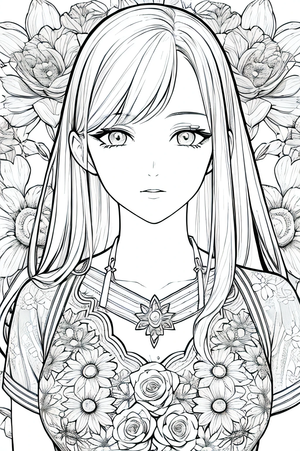 best quality, high resolution, detailed background, high contrast, 1 girl, close-up of the head, floral background, clean line drawings, vibrant colors
