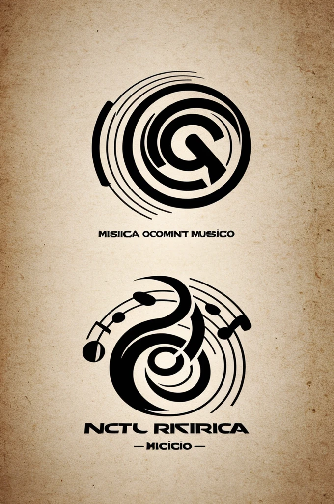 Un logo vectorial minimalista plano con notas musicales y microfo de fondo con la palabra DULCE KUMBIERA