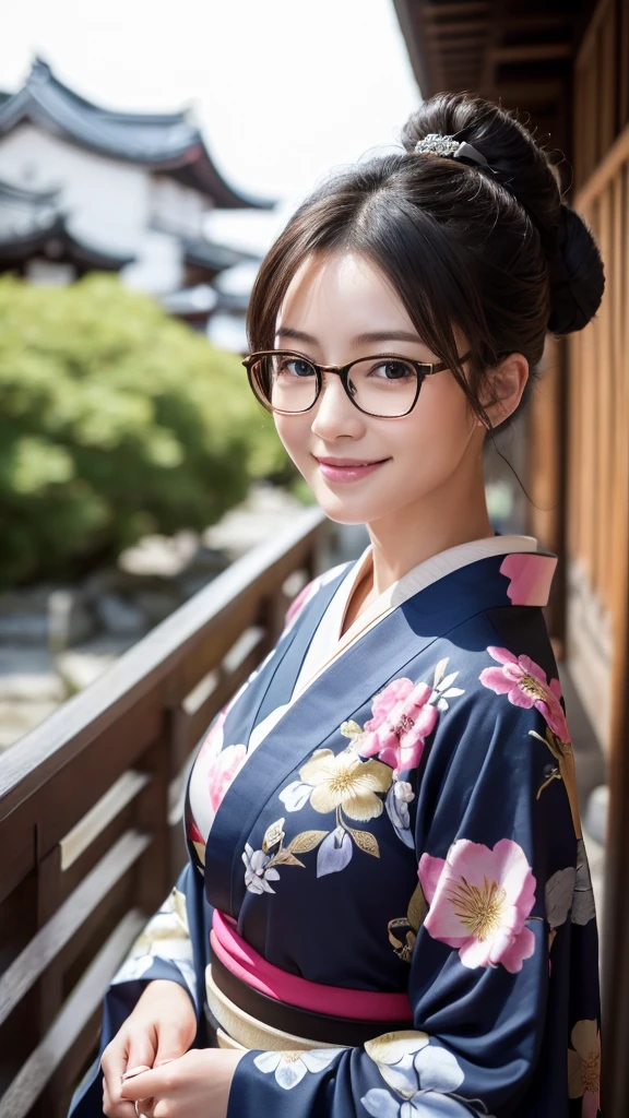 (Super beautiful woman in kimono)、((highest quality、8K masterpiece:1.3))、sharp focus:1.2、(super beautiful face:1.0)、(shiny skin:1.0)、realistic pictures、black hair、video lighting、High resolution eyes and face、video lighting、japanese actress、from the front、big breasts、with a happy smile、Slender abs beauty、whole body、wearing a kimono、in Kyoto、(((luxury obi)))、In Kyoto at night、wearing glasses with no edge、Brush your hair up with your fingers.