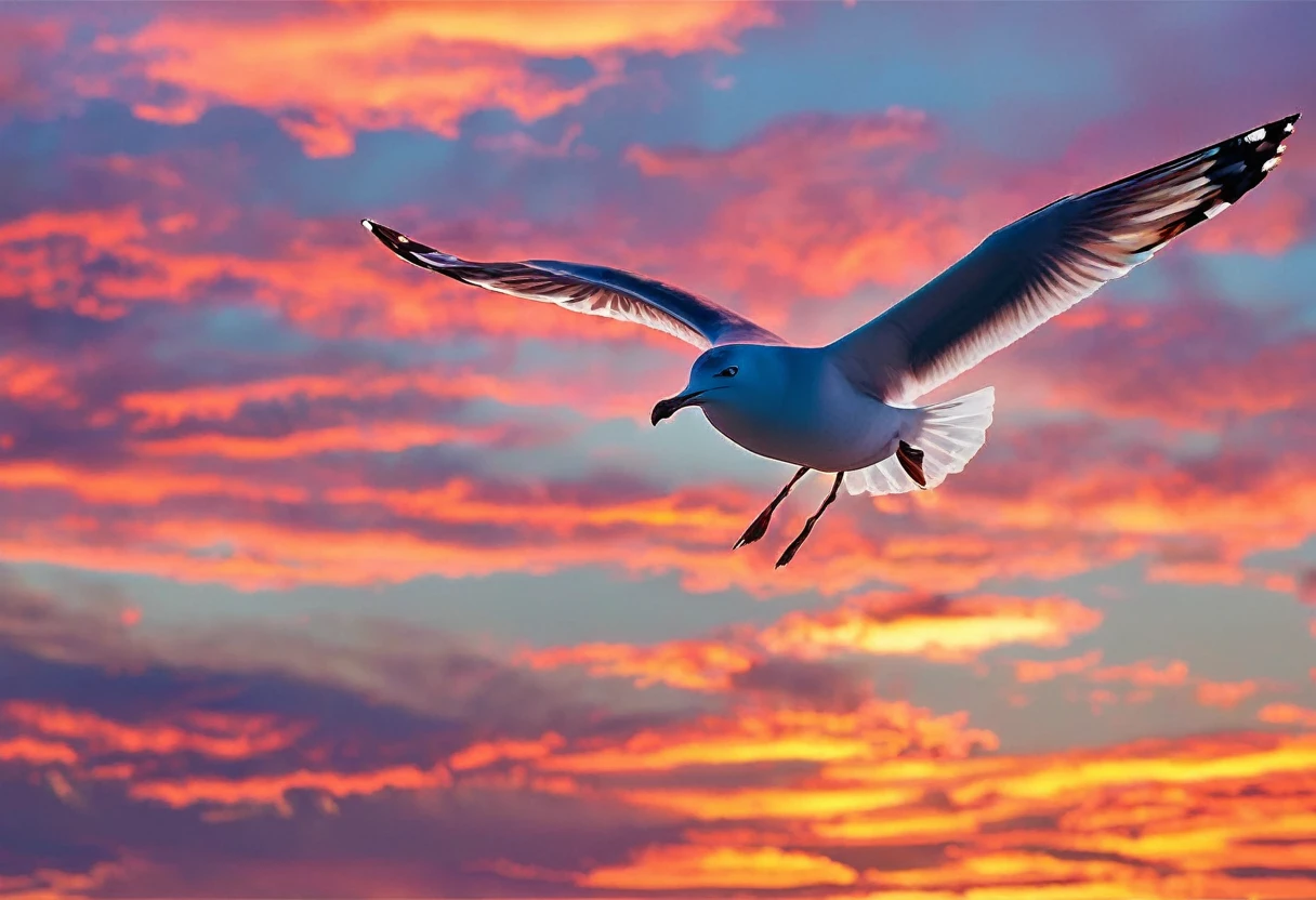 A seagull flying through the sky with a stick of french fries in its mouth、sunset、Backlight、Beautiful clouds、Very beautiful sky