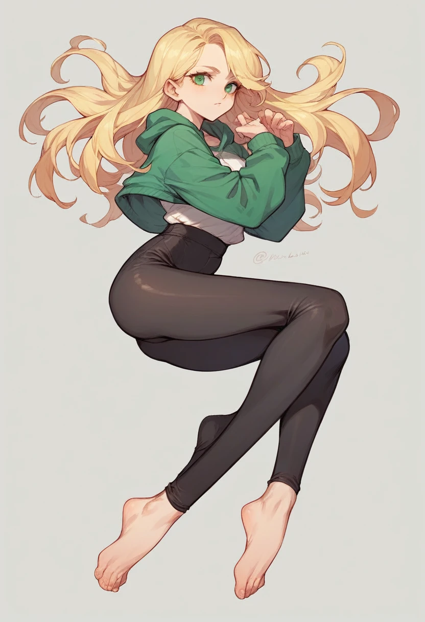 Make a very beautiful blonde woman with green eyes all in black and black leggings and barefoot