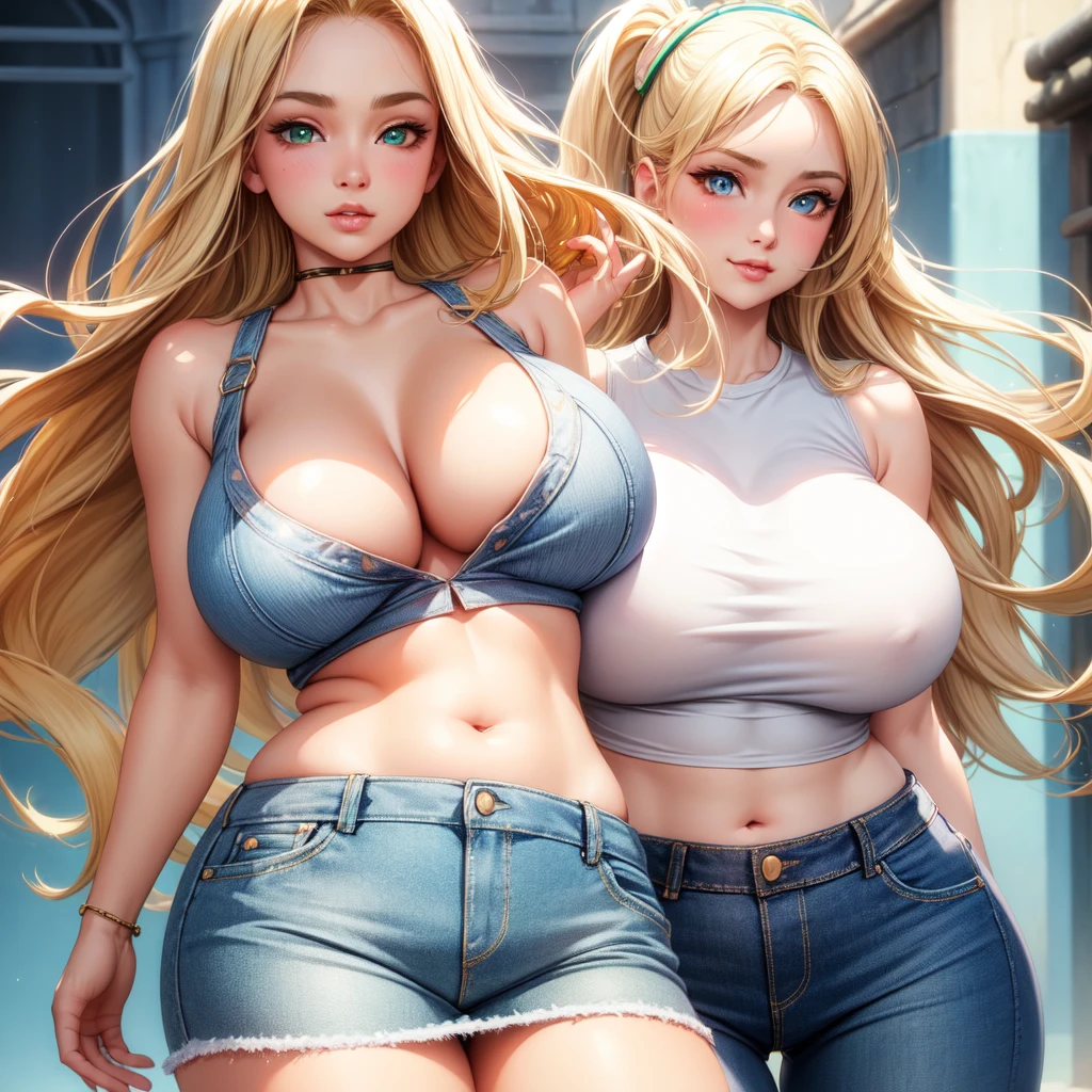 One girl, solo, Big round breasts, clevage, curvy body, realistic, blonde hair, light green eyes, amazing big eyes, eye details, eyebrow details, white crop top, denim skirt, big lips, blush, smirk, HD, good quality, crop top, curvy,