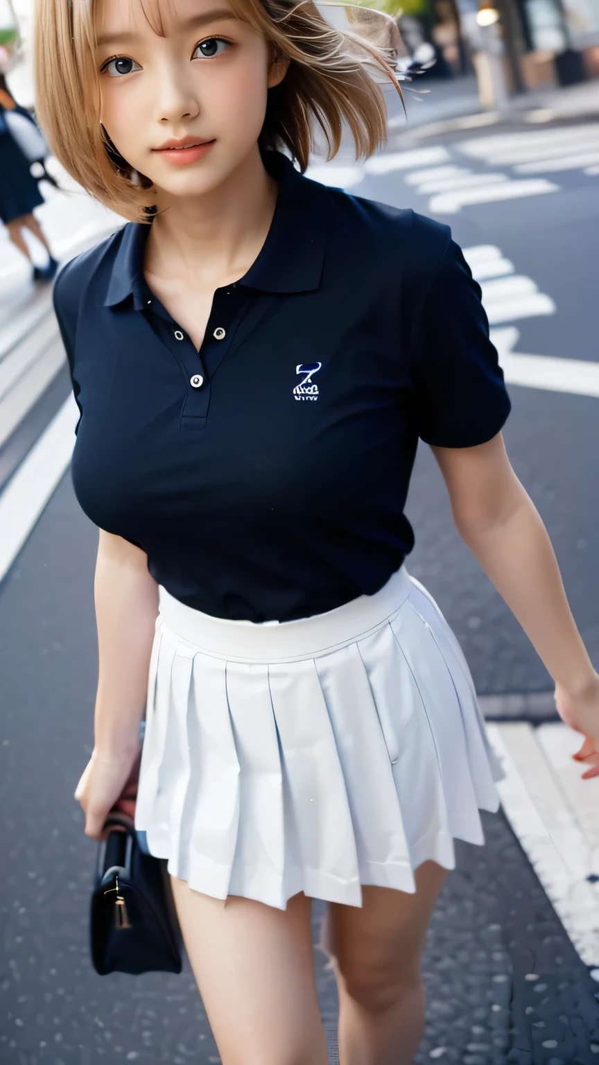 (((Tokyo Street:1.5))、Woman walking in the city:1.3、The background is the street)、(Realistic、Like a photograph、Live Action、8k, Realistic, RAW Photos, Best image quality: 1.4), Single-lens reflex camera、RAW Photos, Highest quality, Realistic, Very detailed CG Unity 8k wallpaper, Written boundary depth, Cinematic Light, Lens flare, Ray Tracing, Realistic background、(Paisura:1.3,Bag strap between chest、(A fitted white polo shirt、A shirt that shows off your body lineini skirt、Navy blue pleated skirt:1.2)、Large Breasts:1.3))、((Ultra-Dense Skin))、 1 female,Cute Japanese Girl、((whole body:1.5),look up:1.1、smile、(short hair、Blonde:1.3、Hair blowing in the wind)、I like that style、stylish、Very detailed、Pay attention to the details、Perfect outfit、(White skin)、Beautiful legs:1.1,Anatomically correct body、Accurate Fingers、Are standing、View from the front