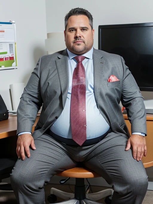 Middle aged fat man in shirt and tie and suit pants, office attire, sitting in an office chair, greying hair, big round belly, padded belly, inflated, huge, obese, like a beachball. Holding a burger. His desk has lots of fast food boxes on it.