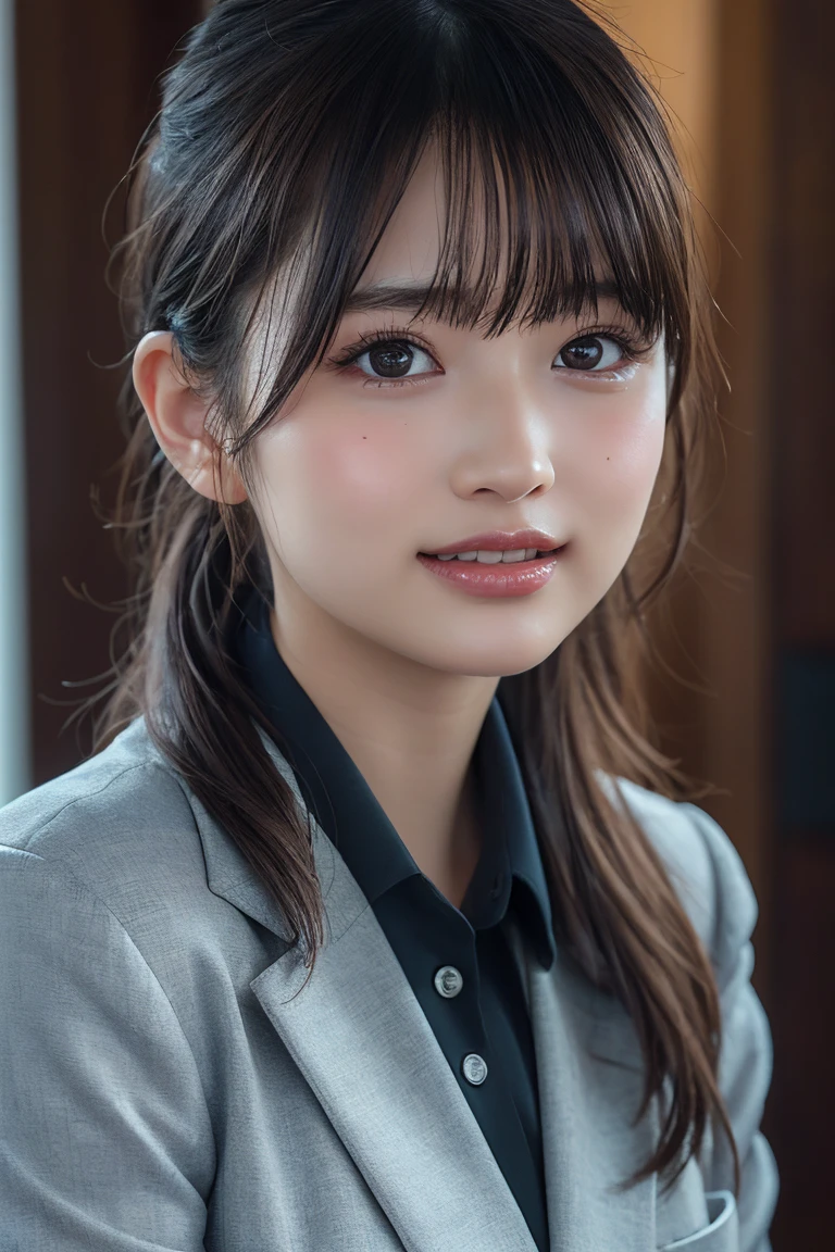 ((Upper Body))、(masterpiece:1.3), High resolution, Very detailed, Very detailed CG Unity 8k 壁紙, Realistic, photo-Realistic, RAW Photos, Beautifully detailed face, Pale skin, Realistic glistening skin, Detailed cloth texture, Detailed hair texture, Perfect Style, Beautiful Face, Accurate, Anatomically correct, Very detailed顔と肌の質感, fine grain, Brown eyes, double eyelid, Thin eyebrows, (Droopy eyes:0.65), (Glitter Eyeliner:1.2), Natural Cheeks, Shiny skin, (Fair skin:1.2), (Glossy Lips: 1.4),
break
(Classy and cute girl:1.3), (High ponytail hairstyles, Wavy Hair, Dark brown hair), (Captivating smile:1.2) (Wear an elegant business suit:1.3), (Black Stockings), Baby Face, Beauty, front