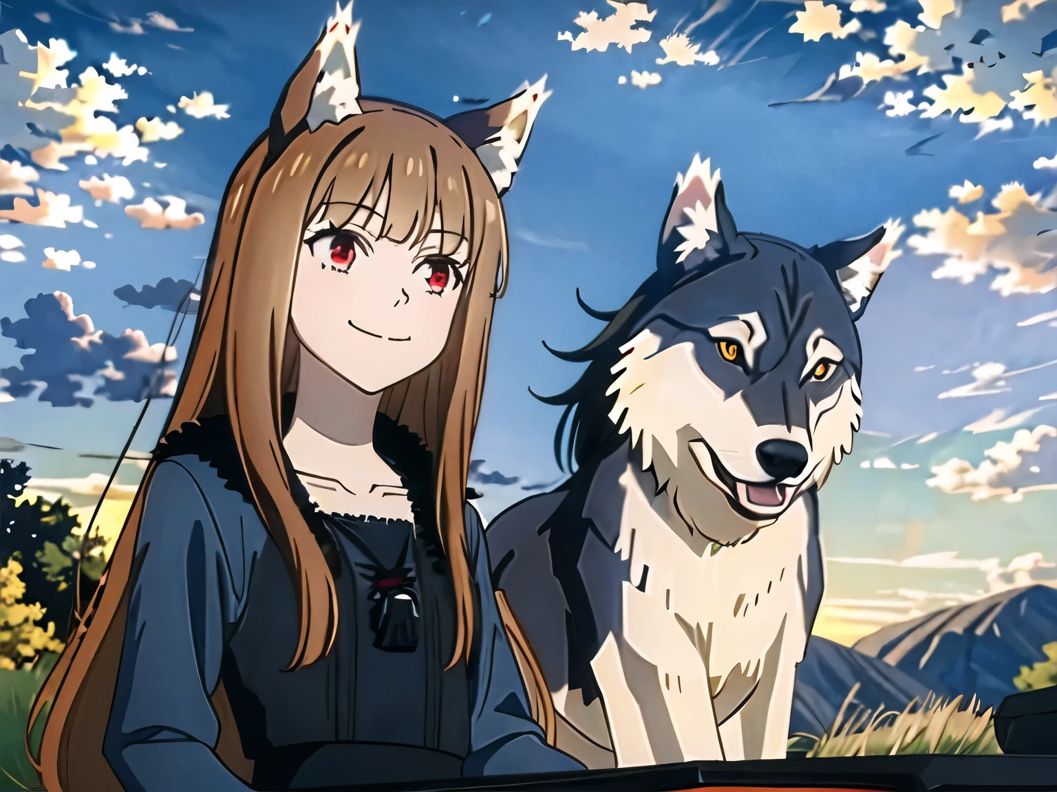 ((masterpiece)),(best quality),official art,very delicate and beautiful,highly detailed CG,unity 8k wallpaper,ultra detailed,beautiful fine eyes,highly detailed face,outdoors,one girl,alone,looking at viewer,facing viewer,smiling,(small:1.2),black long skirt,wolf girl,animal ears,wolf ears,very long brown hair,floating hair,side locks,blunt bangs,red eyes,collarbone,jewelry,black coat,fur coat,blue shirt,long sleeves,medium chest,wolf tail,black pantyhose,black boots,black footwear,blue sky,wheat field,sitting on the back of an old horse-drawn carriage