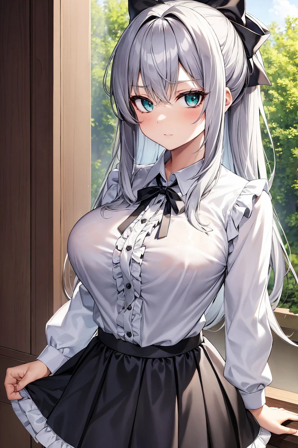 silver-hair,long-hair,silver-hair,green-eyes,dark-makeup,big-breast,白いFrilled shirt、Frilled shirt、black-ribbon-skirt,big-breast,older sister