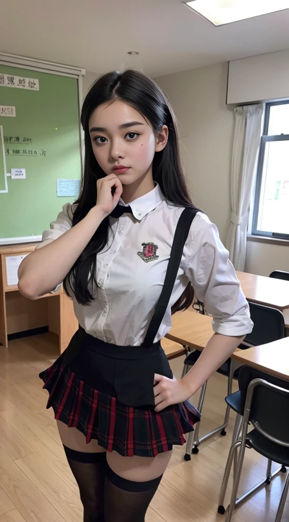 Highest quality、Highest quality、16K quality、Highly detailed figure、Highly detailed face、Highly detailed eyes、Highly detailed nose、Highly detailed facial expressions、Highly detailed full body、Being in reality、16-year-old girl、Introvert、main character、High 、White shirt、Uniform skirt、Close to the skin、Tight、High school student plaid skirt、16 year old girl's breasts、Full body photo、Are standing、Emphasizes the beauty of thigh muscles、Full body photo、black tights、School classroom、Front view