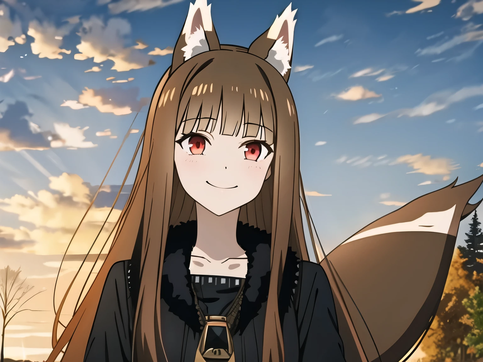 ((masterpiece)),(best quality),official art,very delicate and beautiful,highly detailed CG,unity 8k wallpaper,ultra detailed,beautiful fine eyes,highly detailed face,outdoors,one girl,alone,looking at viewer,facing viewer,smiling,(small:1.2),black long skirt,wolf girl,animal ears,wolf ears,very long brown hair,floating hair,side locks,blunt bangs,red eyes,collarbone,jewelry,black coat,fur coat,blue shirt,long sleeves,medium chest,wolf tail,black pantyhose,black boots,black footwear,blue sky,wheat field,sitting on the back of an old horse-drawn carriage