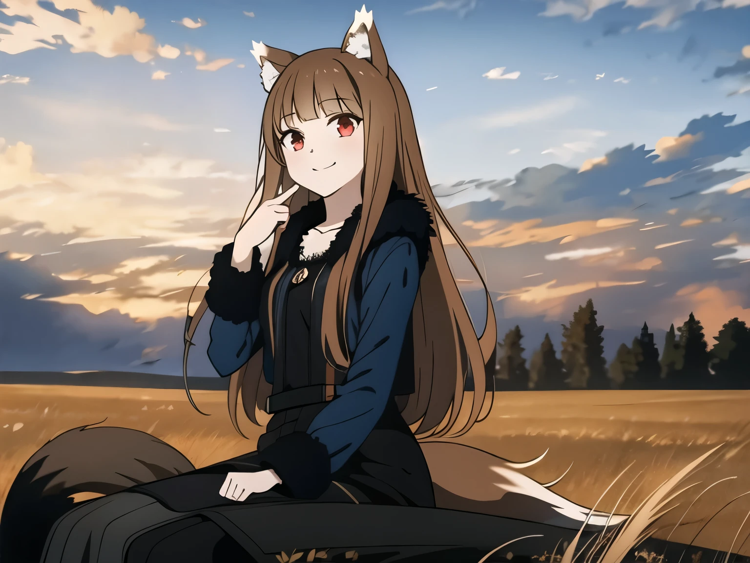 ((masterpiece)),(best quality),official art,very delicate and beautiful,highly detailed CG,unity 8k wallpaper,ultra detailed,beautiful fine eyes,highly detailed face,outdoors,one girl,alone,looking at viewer,facing viewer,smiling,(small:1.2),black long skirt,wolf girl,animal ears,wolf ears,very long brown hair,floating hair,side locks,blunt bangs,red eyes,collarbone,jewelry,black coat,fur coat,blue shirt,long sleeves,medium chest,wolf tail,black pantyhose,black boots,black footwear,blue sky,wheat field,sitting on the back of an old horse-drawn carriage