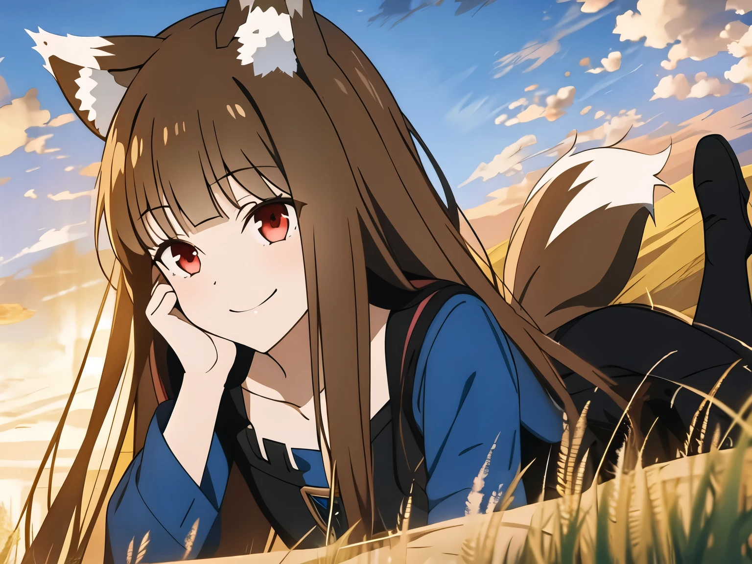 ((masterpiece)),(best quality),official art,very delicate and beautiful,highly detailed CG,Unity 8k wallpaper,super detailed,beautiful fine details,highly detailed face,outdoors,one girl,one person,full body,blue sky,wheat field and rural landscape,facing audience,smiling,(small:1.2),running,wolf girl,animal ears,wolf ears,animal ear hair,very long hair,brown hair,floating hair,side locks,blunt bangs,red eyes,collarbone,jewelry,blue shirt,long sleeves,medium chest,wolf big long tail,black long skirt that reaches below the knee,black pantyhose,black fur boots