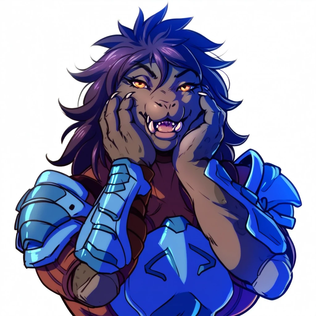 score_9, score_8_up, score_7_up, score_6_up, score_5_up, score_4_up,
1girl,
solo,
female,
furry,
furry female,
anthro,
alien, dark purple messy long hair,
muscular,
countershading,
detailed soft,
source_furry,
face,
teeth,
claws,
muscular female,
big tits, blue armor
simple background,
white background,
yandere trance, portrait, hands on face, tilted head