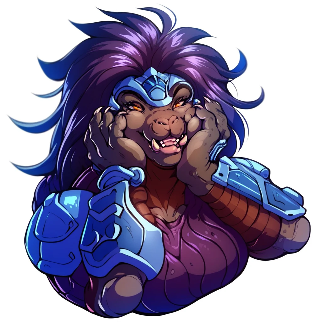 score_9, score_8_up, score_7_up, score_6_up, score_5_up, score_4_up,
1girl,
solo,
female,
furry,
furry female,
anthro,
alien, dark purple messy long hair,
muscular,
countershading,
detailed soft,
source_furry,
face,
teeth,
claws,
muscular female,
big tits, blue armor
simple background,
white background,
yandere trance, portrait, hands on face, tilted head