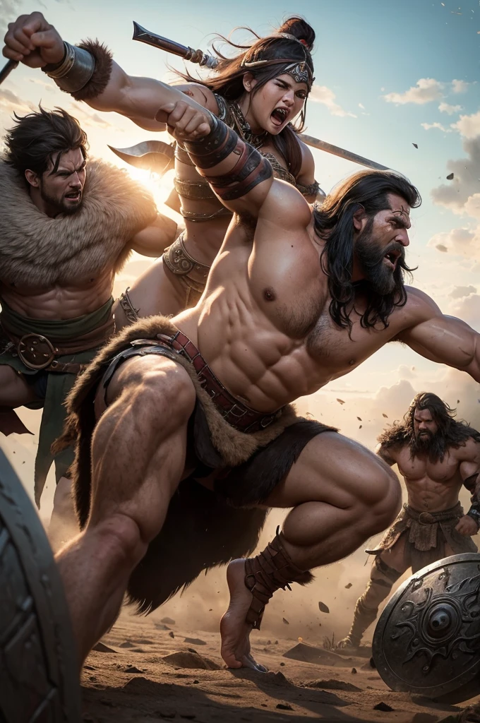 Several barbarian warriors in an epic battle
