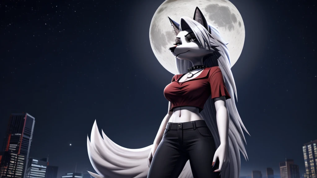 Loona from Helluva Boss, white female wolf, white hair, grey hair, mature adult, red shirt, black pants, moon pendant, standing, cold stare, detailed, solo, beautiful, high quality, 4K