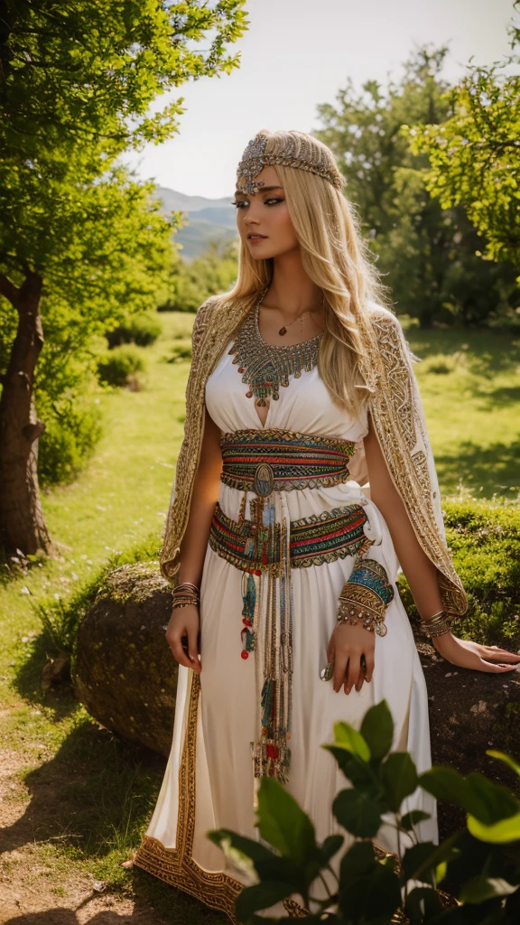 Most beautiful german blonde lady, wearing kabyle robe, kabyledress, amazigh, berber, kabyleoitfits, bijoux, nature background, realistic,4k, professional, ouadhias, robekabyle