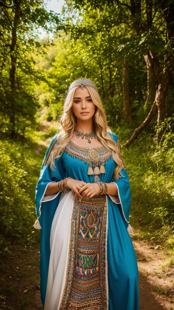 Most beautiful german blonde lady, wearing kabyle robe, kabyledress, amazigh, berber, kabyleoitfits, bijoux, nature background, realistic,4k, professional, ouadhias, robekabyle