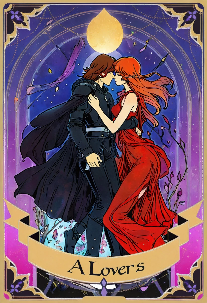 tarot card, a card, card : "THE LOVERS", tarot card frame,vivid colors (art inspired by Bill Sienkiewicz).